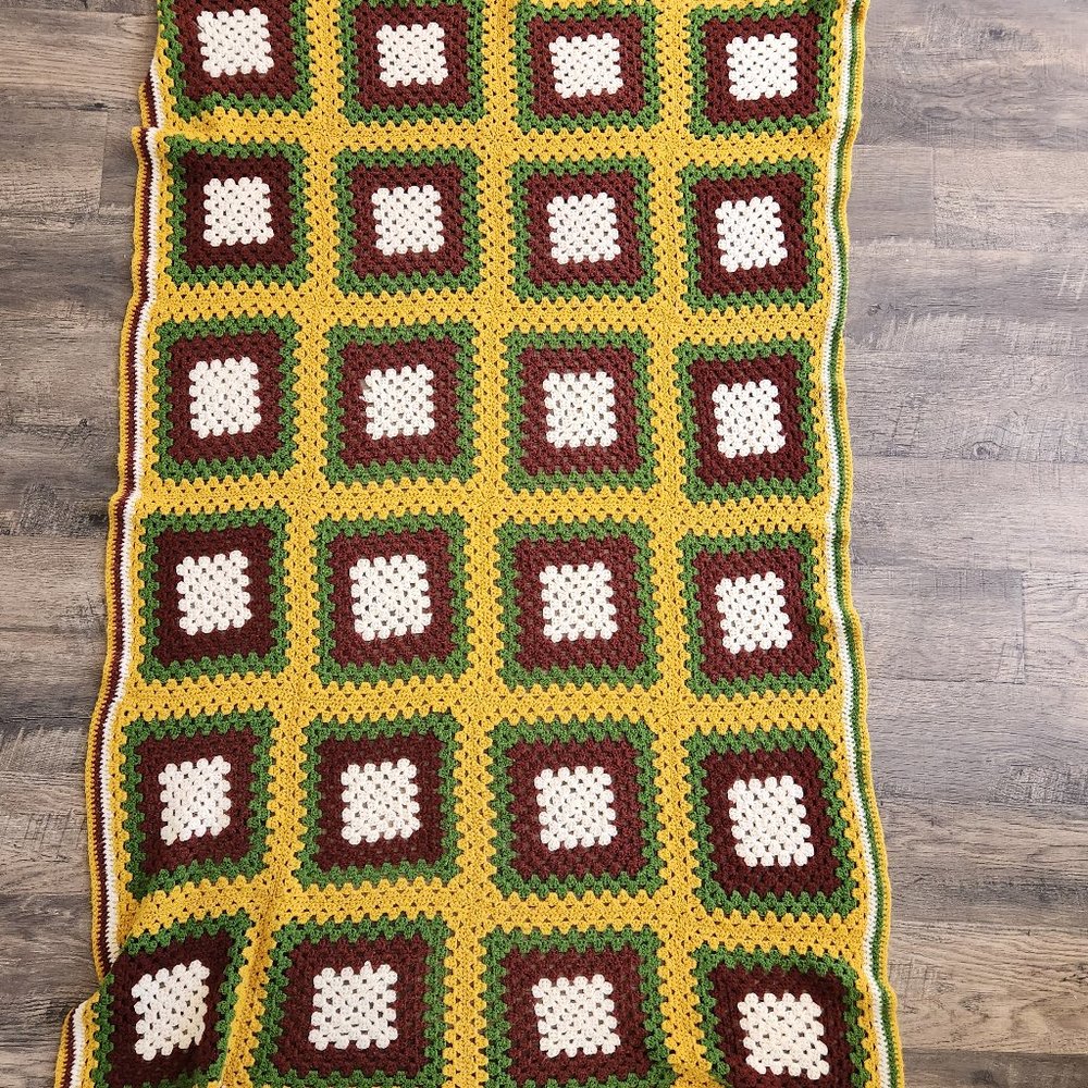 Crochet Afghan Throw Blanket 46" x 70" Brown Green Ivory Yellow Squares